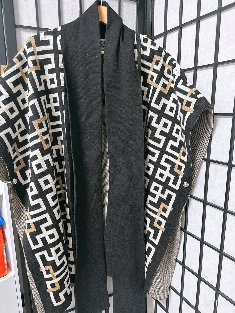 Anne Klein Black, White & Tan Geometric Knit Cape Poncho